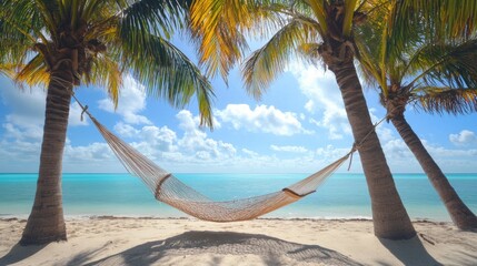 A hammock tied between two palm trees, gently swaying with an ocean view.