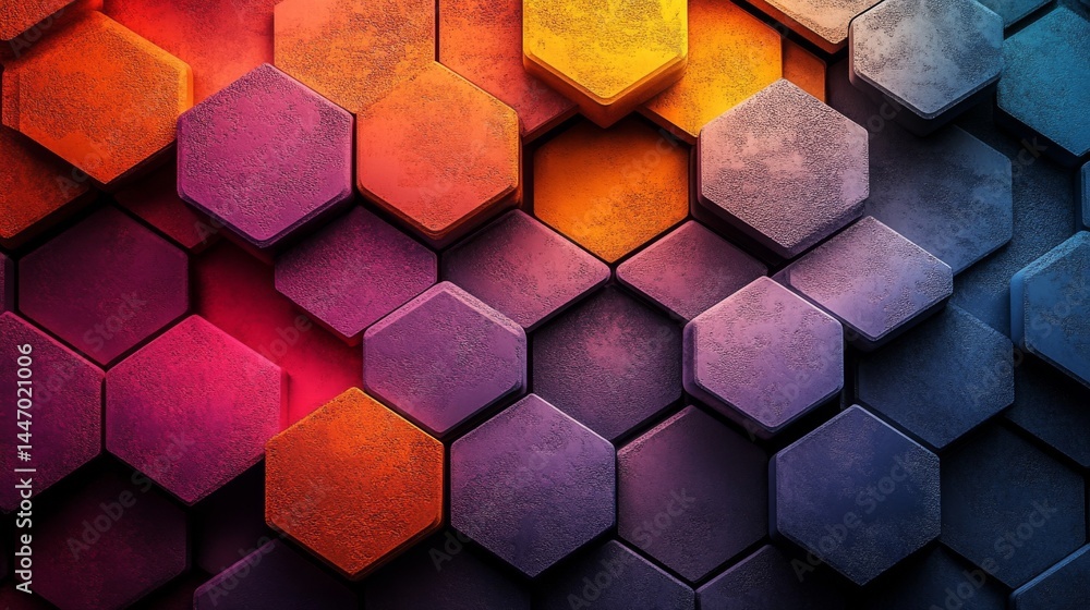 Aufkleber vibrant hexagonal tessellations in gradient colors, forming abstract geometric art, highlighting dep
