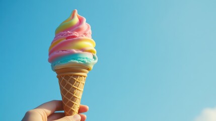 A melting ice cream cone in bright pastel colors held against a clear blue sky.