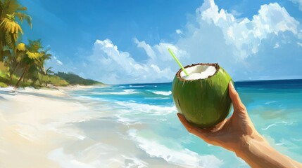 A sun-kissed hand holding a fresh coconut with a straw against a tropical beach backdrop.