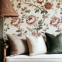 Cozy Living Room with Floral Wallpaper and Soft Pillows