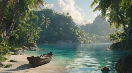 A tropical island with crystal-clear water, lush palm trees, and a small wooden boat on the shore.