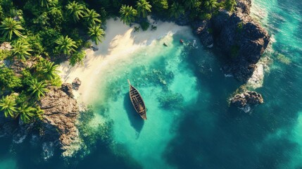 A tropical island with crystal-clear water, lush palm trees, and a small wooden boat on the shore.