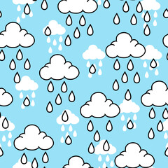Hand-Drawn White Raindrops and Clouds Pattern. Perfect for fabric prints, kid wallpapers, stationery, packaging, and seasonal illustrations. Ideal for rainy day and dreamy sky-themed projects.
