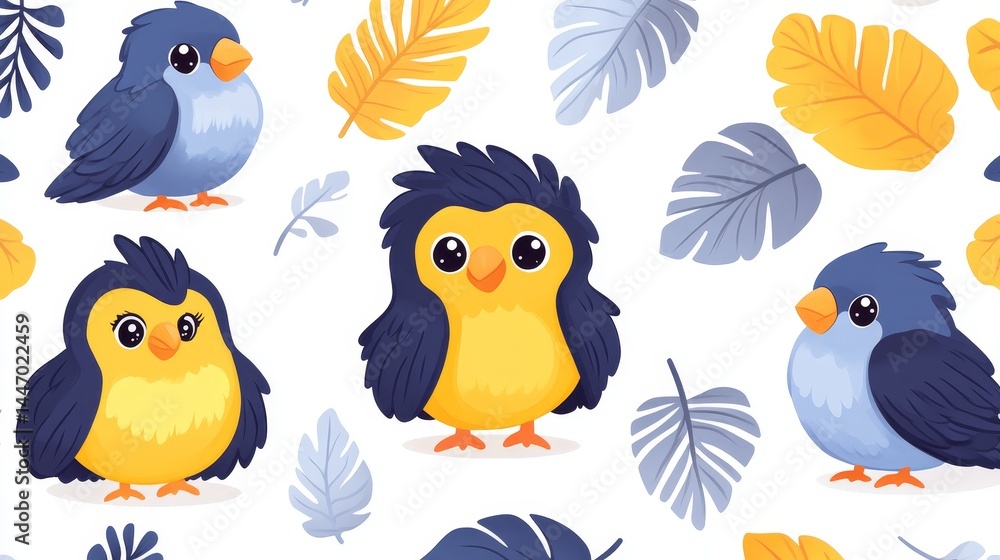 Poster delightful avian pattern featuring whimsical birds and stylized leaves creating a joyful design perf