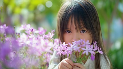 Fototapeta premium 春の草花の背景と美女のポートレート