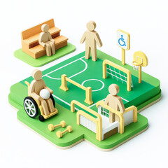 Inclusive conceptual communities gather at accessible sports court with wheelchair user and supportive environment for all abilities