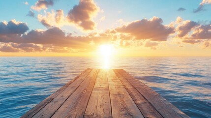 A wooden pier stretching into the calm ocean, surrounded by the warm glow of a summer sunrise.