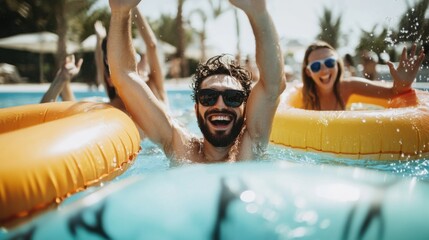 Friends splashing and laughing in a swimming pool with colorful float.