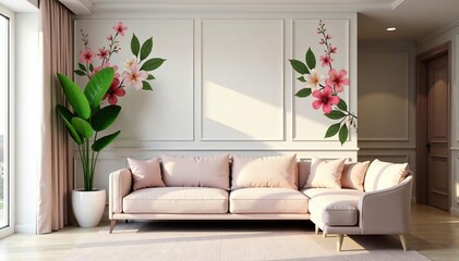 Elegant floral and botanical elements in a soft color palette create a sophisticated interior design repeat , design, surface, wallcovering