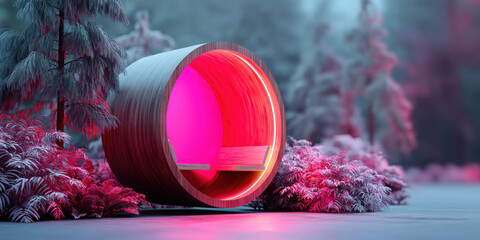 Cozy meditation pod in serene forest setting, featuring circular wooden design with vibrant lighting