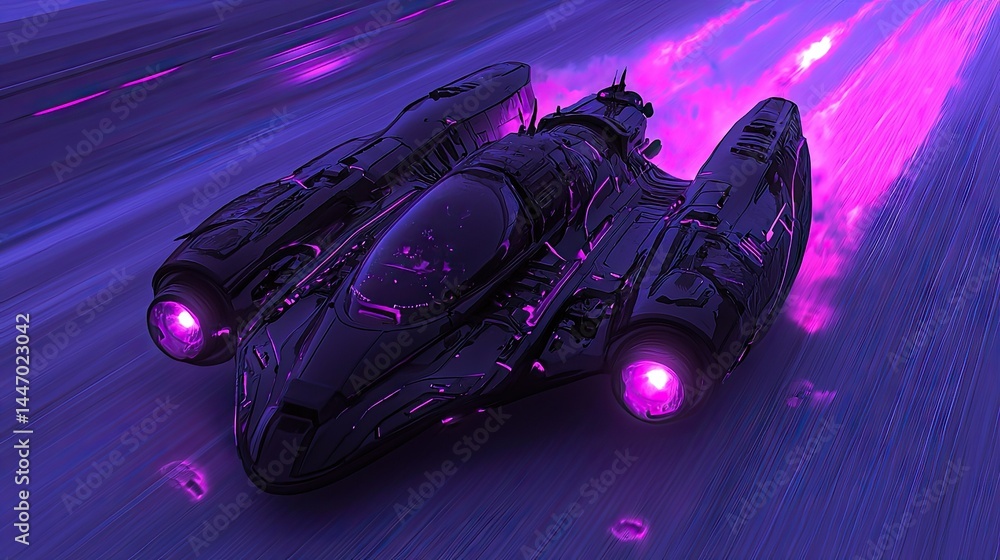 Poster a futuristic spaceship moving with immense velocity in the distance