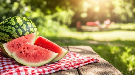 Refreshing watermelon slices on a wooden picnic table, perfect for a hot summer day.
