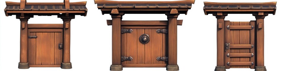 Obraz premium Three Asian-style wooden gates with varying designs, featuring a simple, ornate, and a more rustic style