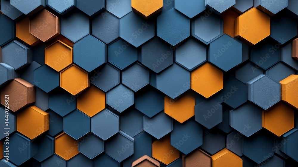 Poster elegant geometric hexagon pattern in cool blue, gray and golden hue, modern abstract background for 