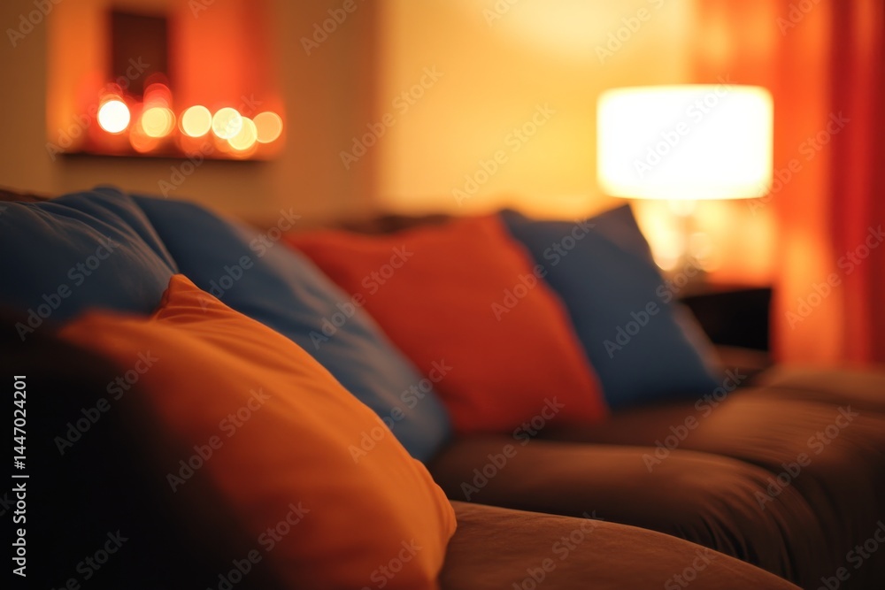 Aufkleber close-up view of a living room featuring a sectional sofa adorned with soft, colorful pillows. warm 