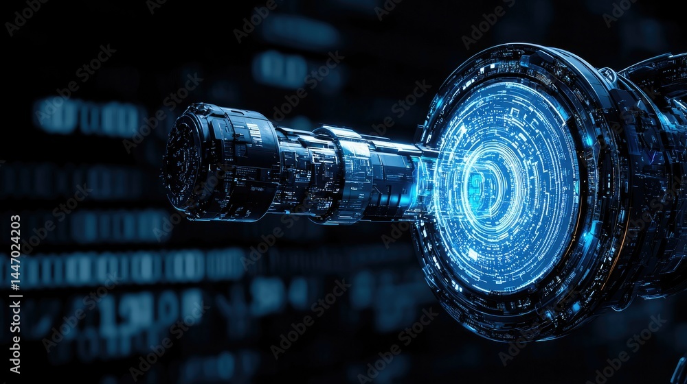 Poster futuristic technological device with glowing circuits and dark backgrounds
