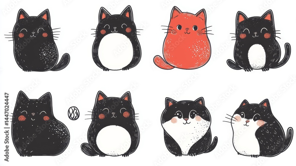 Poster playful cat illustrations for modern design projects featuring quirky feline characters and simple s