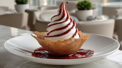 Fine dining gourmet plating concept with modern gastronomy dish. Elegant dessert with soft-serve ice cream and berry sauce on a plate