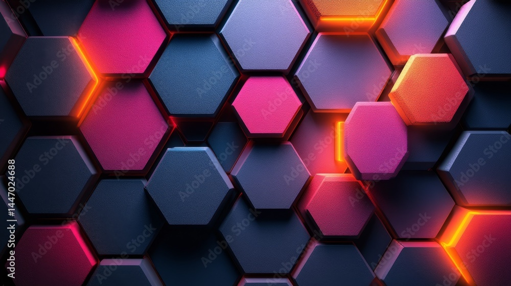 Poster illuminated hexagonal tile gradient arrangement with geometric precision and vibrant color transitio