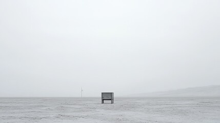 Boxy structure stands lonely in open gray expanse