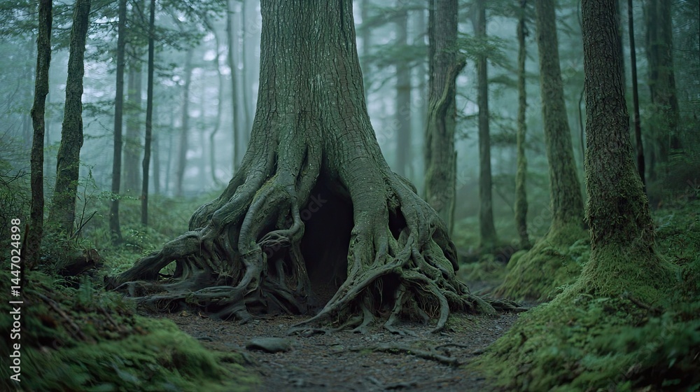 Poster a massive tree with large roots in a forest setting