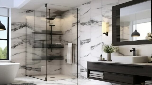 Modern Bathroom Design: A luxurious and contemporary bathroom features a frameless glass shower enclosure, marble walls, a sleek vanity, and modern lighting fixtures.