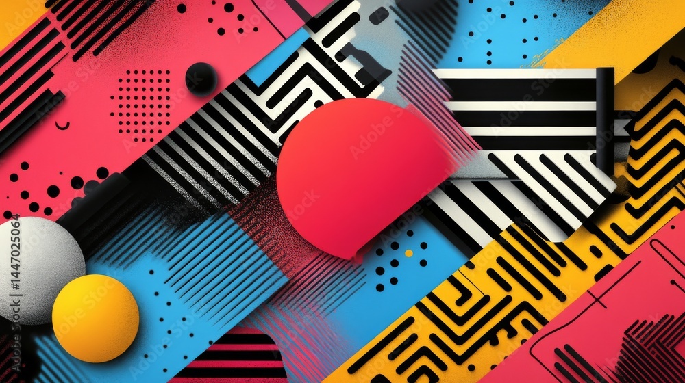 Poster vibrant abstract composition with geometric shapes and bold colors offering a visually dynamic and e
