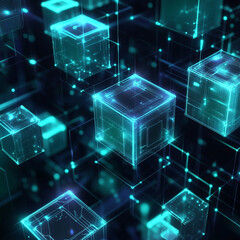 Abstract blue 3D background featuring floating or stacked cubes with geometric patterns and gradient lighting, creating a modern, futuristic, and tech-inspired digital design aesthetic