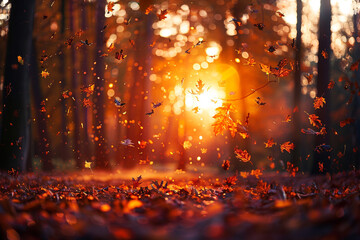 Naklejka premium Experience pretty breathtaking beauty of appealing vibrant autumn sunset, where pretty suns golden rays illuminate appealing majestic forest filled with trees ablaze in fiery hues, creating appealin