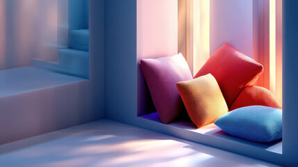 Cozy corner with colorful cushions in soft light, creating warm and inviting atmosphere