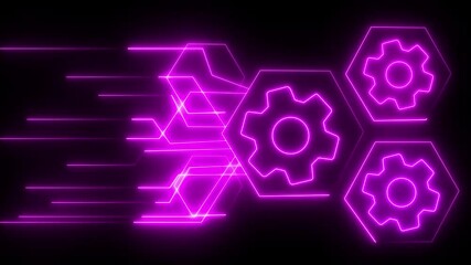 Glowing neon gear setting icon symbol with neon line horizontal line up scientific sci setting against on black background. Stakeholder setting icon, setting concept for construction, 