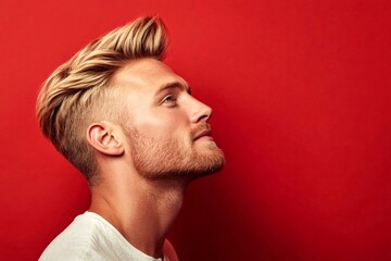 Obraz premium A vibrant male with a lively and glowing personality. Concept art of style for aging men. Elegant men's classic long sweep haircut - midlife white man with blond hair. Red solid background.