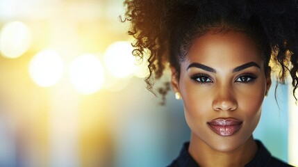 A beautiful woman with curly hair looks directly at the viewer