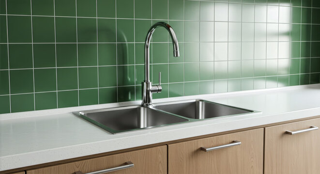 modern kitchen sink with faucet and green tile backsplash