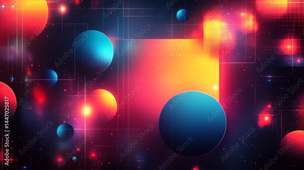 Aufkleber energetic cosmic abstract featuring floating spheres and vibrant color gradients over a grid network