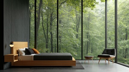 Fototapeta premium A modern bedroom offers a stunning view of a lush green forest