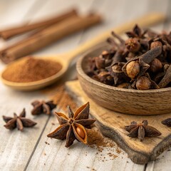 Close-up of Dried Cloves (Syzygium aromaticum) and Star Anise, Spices for Cooking, Aromatic Herbal Spices, Flavorful Cloves, Spicy Seasoning, Natural Spices on Wooden Surface, Organic Cooking Ingredie