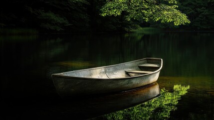 A small wooden boat rests peacefully on a calm lake