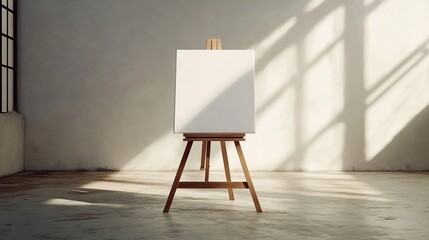 Blank canvas on easel in sunlit studio.