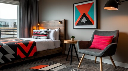 A Modern Bedroom Interior Showcasing Decorative Elements and Comfortable Furnishings