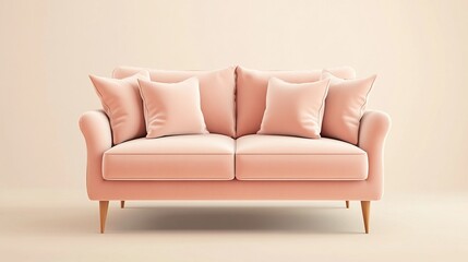 Pastel pink sofa with cushions on light background.