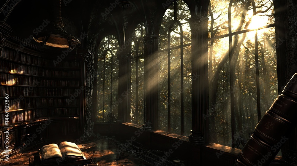 Poster A sunlit library with large windows and forest views