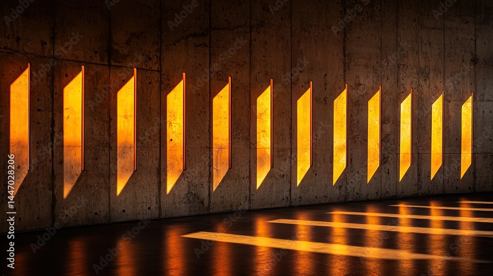 Poster sunlight streams through slits creating an architectural pattern of light and shadow