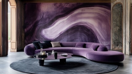 Purple marbled wall decor complements a curved sectional sofa.