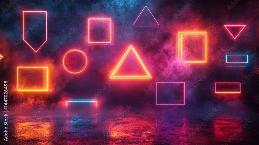 Poster vibrant geometric neon shapes floating amidst a smoky backdrop creating a futuristic and dynamic atm