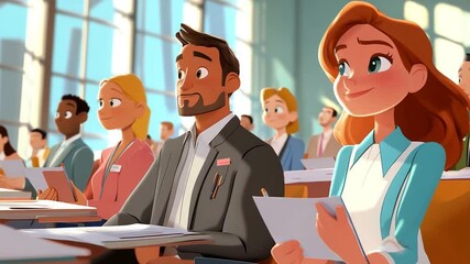 Diverse group of professionals attending a seminar animated with bright background visuals