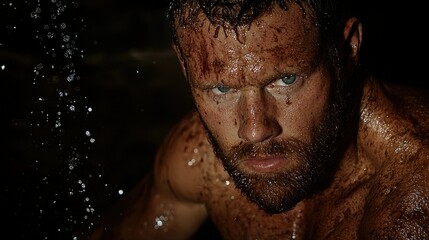 A dirty man gazes intensely at the viewer with water nearby