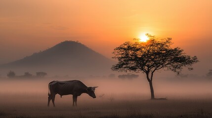 Fototapeta premium A lone cow stands in a misty field during a sunrise