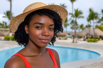 Chic African woman in a red swimsuit and straw hat relaxes poolside at a lush tropical resort, enjoying luxury vacation vibes. Copy space.